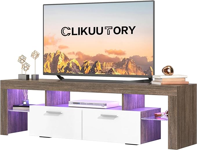 Clikuutory Modern LED TV Stand with Large Storage Drawer for up to 75 Inch TVs, Brown and White Doors, Wood Farmhouse TV Console with Glossy Entertainment Center for Living Room, Bedroom - LeafyLoom