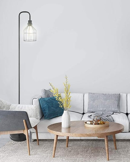 Industrial Frosted Black Floor Lamp with Cage Lampshade,On-Off Switch,Modern Indoor Pole Light for Bedroom,Living Room,Study Room or Offices (Black) - LeafyLoom