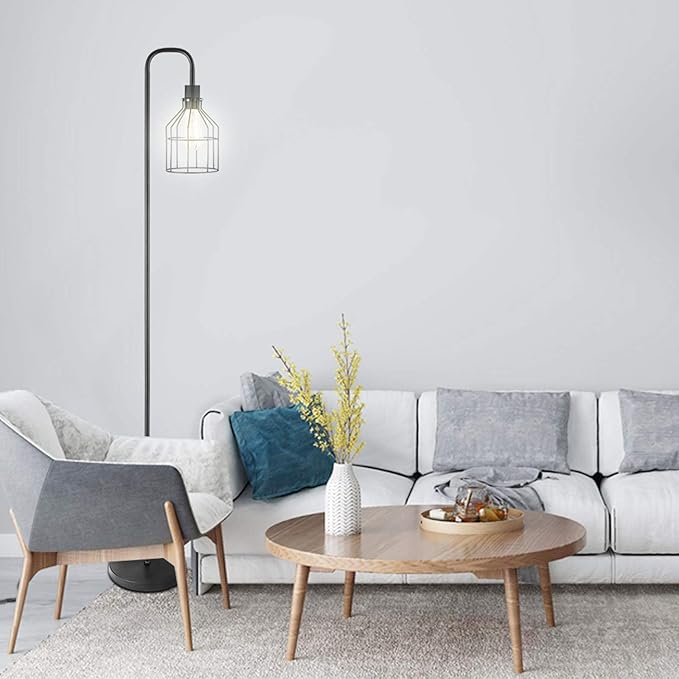 Industrial Frosted Black Floor Lamp with Cage Lampshade,On-Off Switch,Modern Indoor Pole Light for Bedroom,Living Room,Study Room or Offices (Black) - LeafyLoom