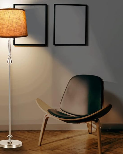 Dott Arts Tall Floor Lamp for Living Room Bedroom, 3 Color Temperature Standing Lamp with Grey Linen Shade, Modern Floor Lamp with 9W LED Bulb, Elegant Nickel Finish Reading Floor Lamps, Foot Switch - LeafyLoom