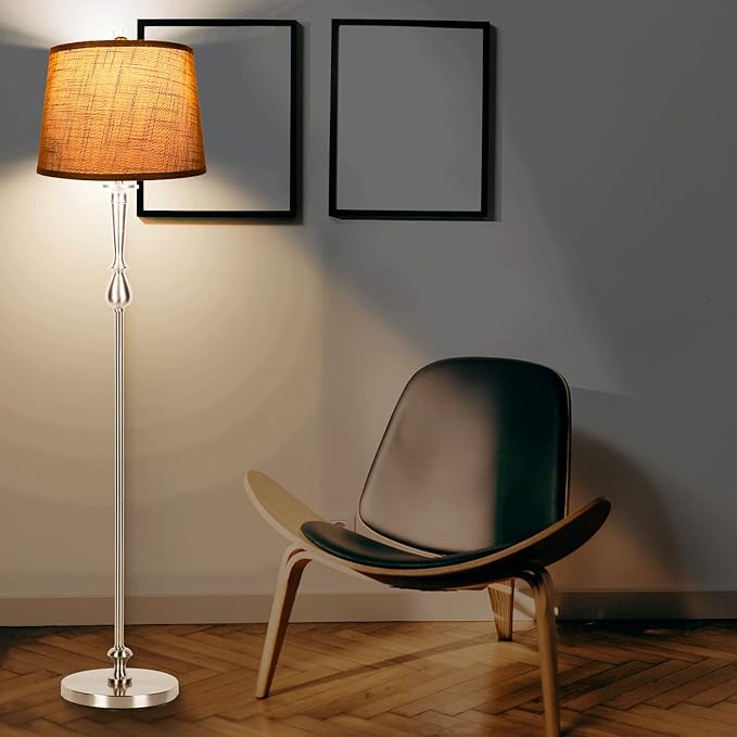 Dott Arts Tall Floor Lamp for Living Room Bedroom, 3 Color Temperature Standing Lamp with Grey Linen Shade, Modern Floor Lamp with 9W LED Bulb, Elegant Nickel Finish Reading Floor Lamps, Foot Switch - LeafyLoom