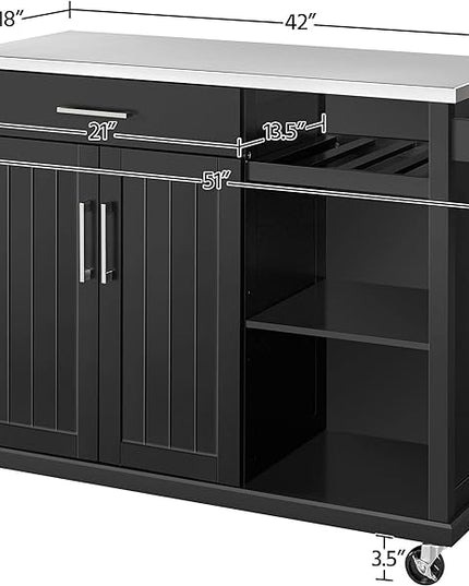 Yaheetech Kitchen Island with Stainless Steel Top and Storage Cabinet, Kitchen Cart on Wheels with Drawer & Open Shelves & Wine Rack & Spice Rack, 18" D x 51" W x 36" H, Black - LeafyLoom