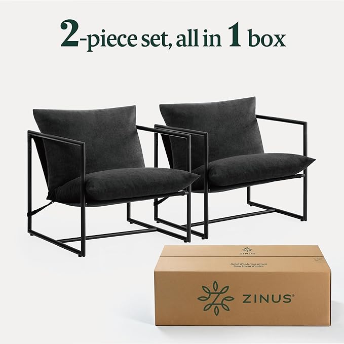 ZINUS Aidan Sling Accent Chair, Pack of 2, Metal Framed Armchair with Shredded Foam Cushioning, Black - LeafyLoom
