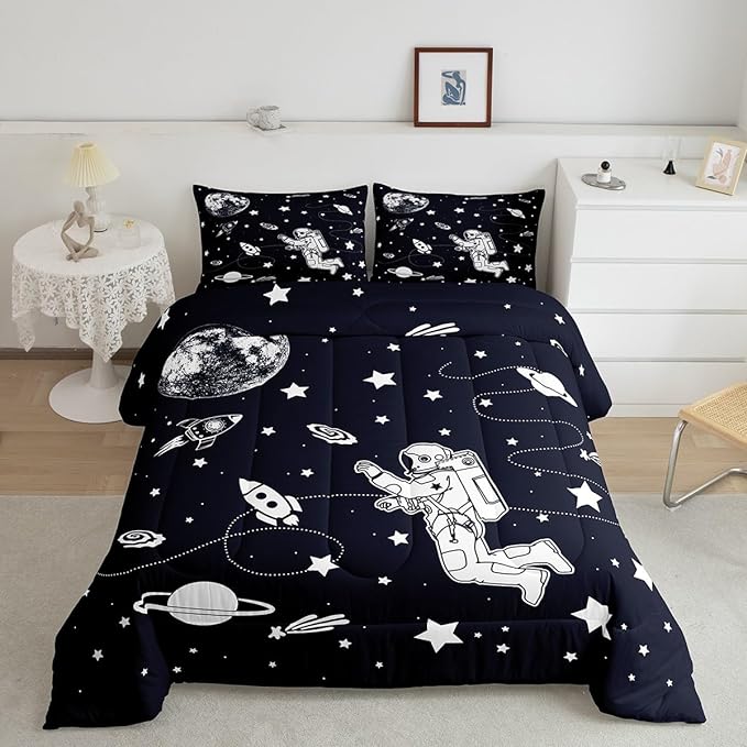 Feelyou Solar System Comforter Set King Size Outer Space Comforter for Kids Teens Adults Universe Planets Bedding Set Cute Astronaut Blue White Duvet Set Room Decor 3Pcs with 2 Pillow Case - LeafyLoom