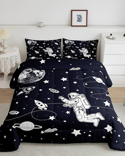 Feelyou Solar System Comforter Set Full Size Outer Space Comforter for Kids Teens Adults Universe Planets Bedding Set Cute Astronaut Blue White Duvet Set Room Decor 3Pcs with 2 Pillow Case - LeafyLoom