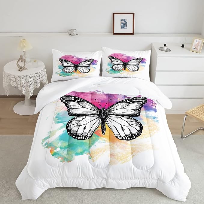 CVHOUSE Butterfly Bedding Set,Butterfly Comforter Queen,Butterfly Comforter Set for Girls Kids Teens,Butterflies Quilt Set with 1 Comforter and 2 Pillow Cases- 3 Piece - LeafyLoom