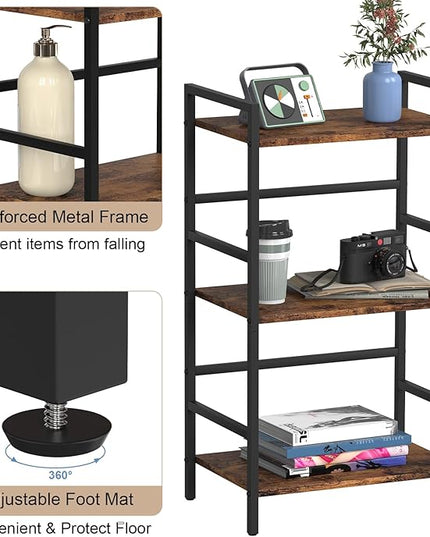 DOMYDEVM Small Bookshelf with Storage Organizer Shelf 3-Tier Wood Book Shelves with Metal Frame for Home Office, Bedroom, Living Room, Rustic Brown Bookshelf - LeafyLoom
