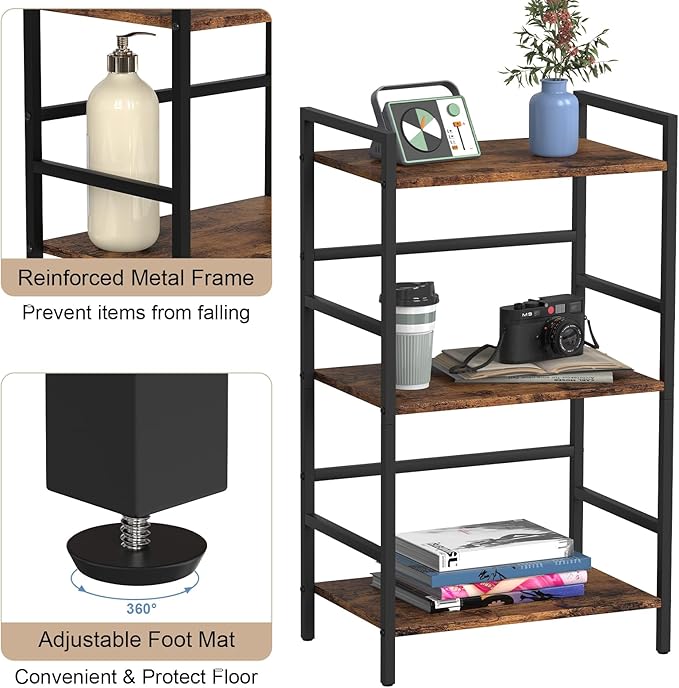 DOMYDEVM Small Bookshelf with Storage Organizer Shelf 3-Tier Wood Book Shelves with Metal Frame for Home Office, Bedroom, Living Room, Rustic Brown Bookshelf - LeafyLoom