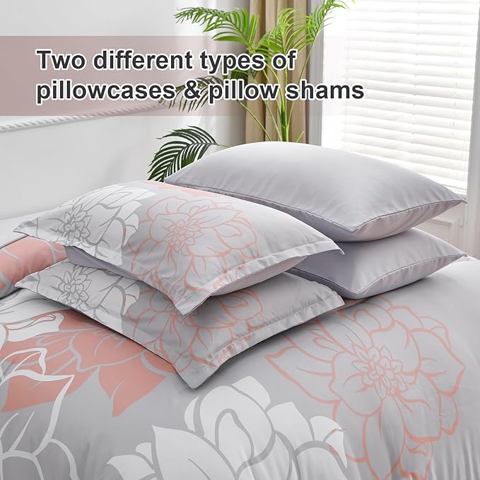Floral Comforter Set Queen 7 Piece Bed in a Bag Coral Flower Comforter with Sheet Set Soft Micorfiber Bedding Set (1 Comforter,2 Pillow Shams,1 Flat Sheet,1 Fitted Sheet,2 Pillowcases) - LeafyLoom