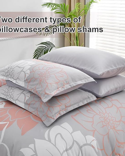 Floral Comforter Set King 7 Piece Bed in a Bag Coral Flower Comforter with Sheet Set Soft Micorfiber Bedding Set (1 Comforter,2 Pillow Shams,1 Flat Sheet,1 Fitted Sheet,2 Pillowcases) - LeafyLoom