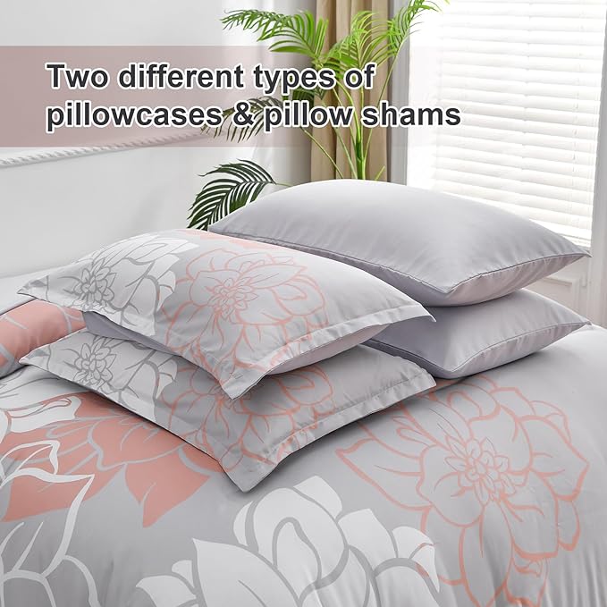 Floral Comforter Set King 7 Piece Bed in a Bag Coral Flower Comforter with Sheet Set Soft Micorfiber Bedding Set (1 Comforter,2 Pillow Shams,1 Flat Sheet,1 Fitted Sheet,2 Pillowcases) - LeafyLoom