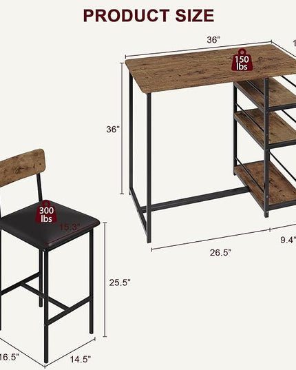 GAOMON Dining Table Set for 2, Kitchen Table and Chairs for 2 with Upholstered Chairs, 3 Piece Counter Height Bar Kitchen Table Set with 3 Storage Shelves for Small Space, Apartment, Rustic Brown - LeafyLoom