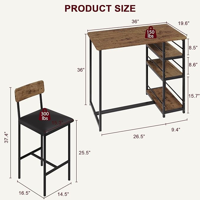 GAOMON Dining Table Set for 2, Kitchen Table and Chairs for 2 with Upholstered Chairs, 3 Piece Counter Height Bar Kitchen Table Set with 3 Storage Shelves for Small Space, Apartment, Rustic Brown - LeafyLoom