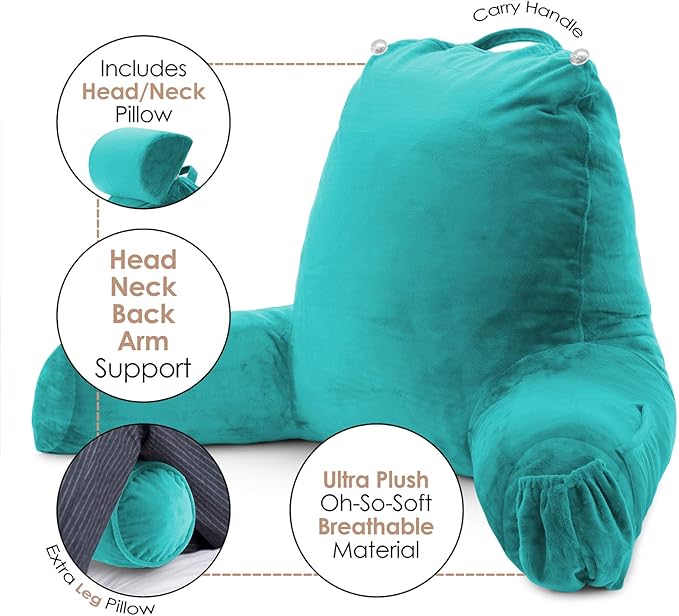 Clara Clark Reading Pillow, Large Back Pillow for Sitting Up in Bed, Memory Foam Back Support Pillow, Reading Pillows for Sitting in Bed Adult, Teal Sit Up Pillow for Bed Chair with Arms and Pockets - LeafyLoom
