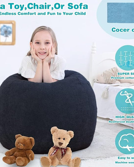 Bean Bag Chair Cover (No Filler) Stuffed Animal Storage for Kids .Soft Premium Corduroy Stuffable Beanbag for Organizing Children Plush Toys or Memory Foam Small 100L (Black) - LeafyLoom