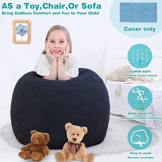 Bean Bag Chair Cover (No Filler) Stuffed Animal Storage for Kids .Soft Premium Corduroy Stuffable Beanbag for Organizing Children Plush Toys or Memory Foam Small 100L (Black) - LeafyLoom