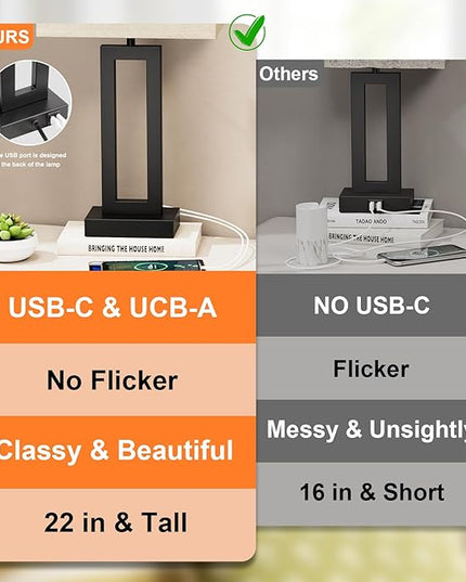 22" Tall Living Room Lamps for Night Stands - Touch Bedside Lamp with USB C+A, 3 Way Dimmable bedroom Lamps for End Tables Set of 2, Modern Night Stand Lamps for Bed Side(Beige&Black) - LeafyLoom