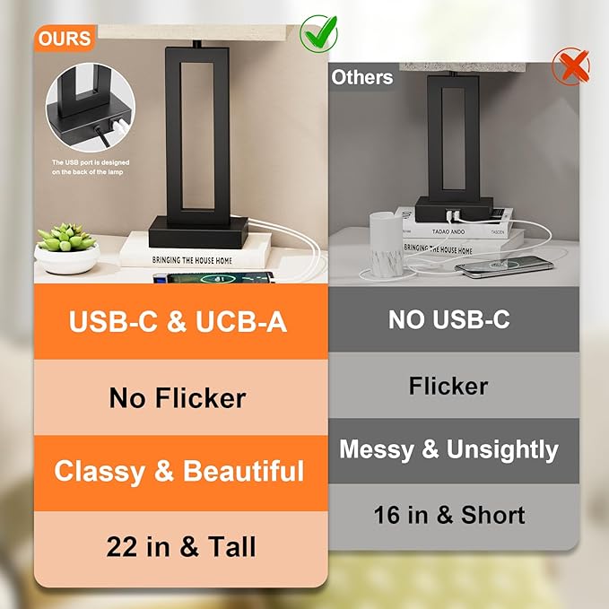 22" Tall Living Room Lamps for Night Stands - Touch Bedside Lamp with USB C+A, 3 Way Dimmable bedroom Lamps for End Tables Set of 2, Modern Night Stand Lamps for Bed Side(Beige&Black) - LeafyLoom