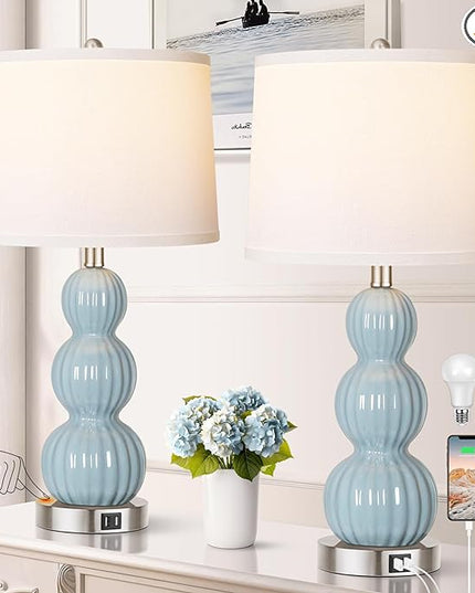 Qimh Table Lamps for Bedroom Set of 2, 26.5" Bedside Lamps for Living Room with USB Ports Touch Control, Modern Blue Ceramic Nightstand Lamp White Shade Home Decor (LED Bulb Included) - LeafyLoom