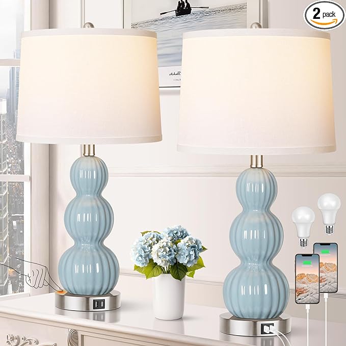 Qimh Table Lamps for Bedroom Set of 2, 26.5" Bedside Lamps for Living Room with USB Ports Touch Control, Modern Blue Ceramic Nightstand Lamp White Shade Home Decor (LED Bulb Included) - LeafyLoom