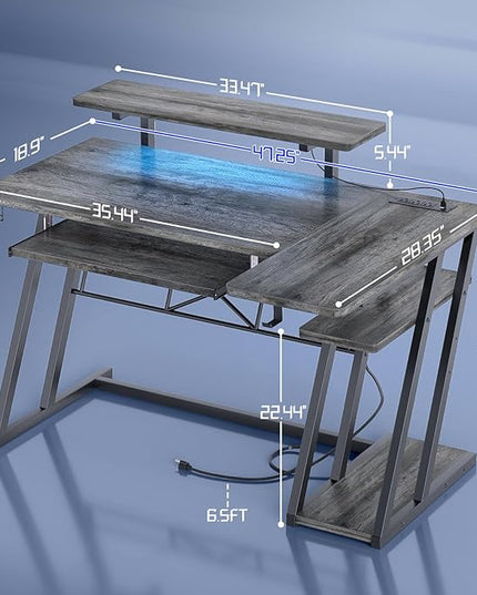 armocity L Shaped Gaming Desk with LED Lights and Outlets, PC Gaming Desk with Monitor Stand and Shelves, Reversible Gaming Computer Desk with Keyboard Tray & Z-Shape Legs, Grey Oak, 47" - LeafyLoom