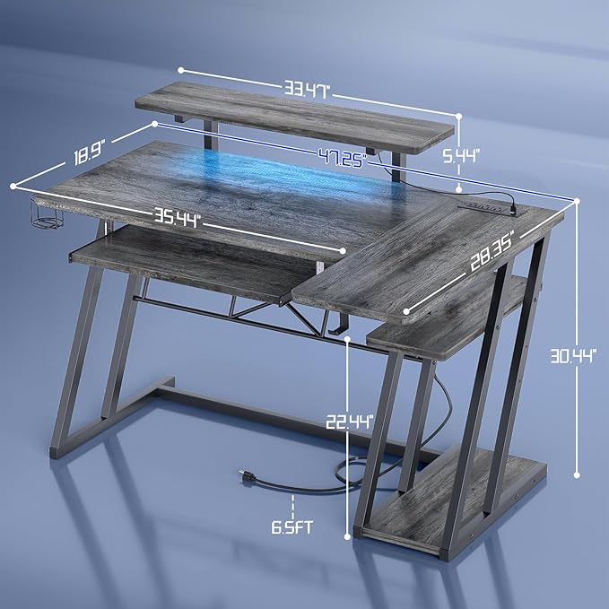 armocity L Shaped Gaming Desk with LED Lights and Outlets, PC Gaming Desk with Monitor Stand and Shelves, Reversible Gaming Computer Desk with Keyboard Tray & Z-Shape Legs, Grey Oak, 47" - LeafyLoom