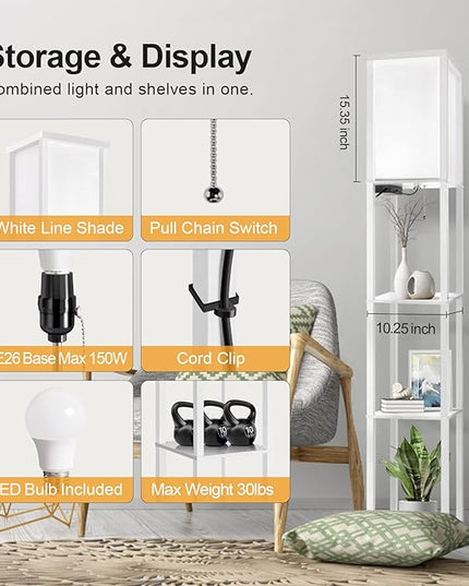 OUTON Floor Lamp with Shelves, LED Modern Shelf Floor Lamp with 2 USB Ports & Power Outlet, 3 Color Temperature, Storage Display Wood Column Standing Tall Lamp for Living Room, Bedroom, Office (White) - LeafyLoom