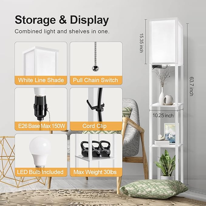OUTON Floor Lamp with Shelves, LED Modern Shelf Floor Lamp with 2 USB Ports & Power Outlet, 3 Color Temperature, Storage Display Wood Column Standing Tall Lamp for Living Room, Bedroom, Office (White) - LeafyLoom