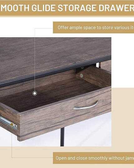 FurnitureR Vintage Wooden Computer Desk with Drawer, 43 Inches Industrial Writing Desk Workstation with Metal Legs and Bottom Shelf for Home Office, Brown - LeafyLoom