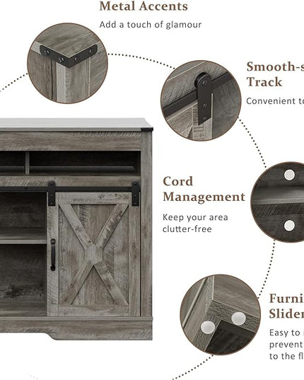 Farmhouse Stand for TVs up to 65+ Inch Tall Entertainment Center with Sliding Barn Door, Console Storage Cabinet for Bedroom, Living Room, Light Grey - LeafyLoom
