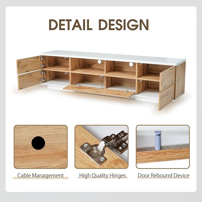 Modern Stand 80'', Media Console with Multi-Functional Storage, Entertainment Center with Door Rebound Device, TV Cabinet Table for Living Room, Bedroom, Natural+White - LeafyLoom