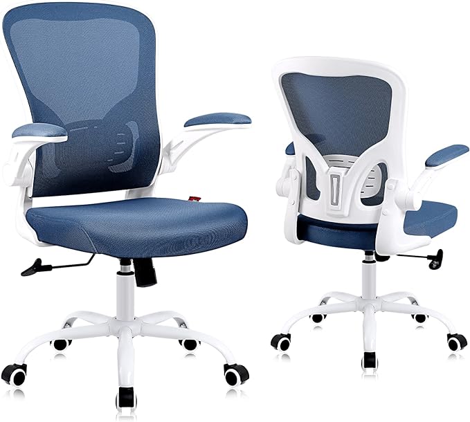Ergonomic Office Desk Chair Breathable Mesh Swivel Computer Chair, Lumbar Back Support Task Chair, Office Chairs with Wheels and Flip-up Arms, Adjustable Height(White & Blue) - LeafyLoom