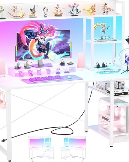 Cyclysio Gaming Desk with Hutch, 47'' Computer Desk with LED Lights & Power Outlets, Home Office Desk with Reversible 5 Tiers Storage Shelves & Monitor Stand, Small Gaming Table for Small Space, White - LeafyLoom