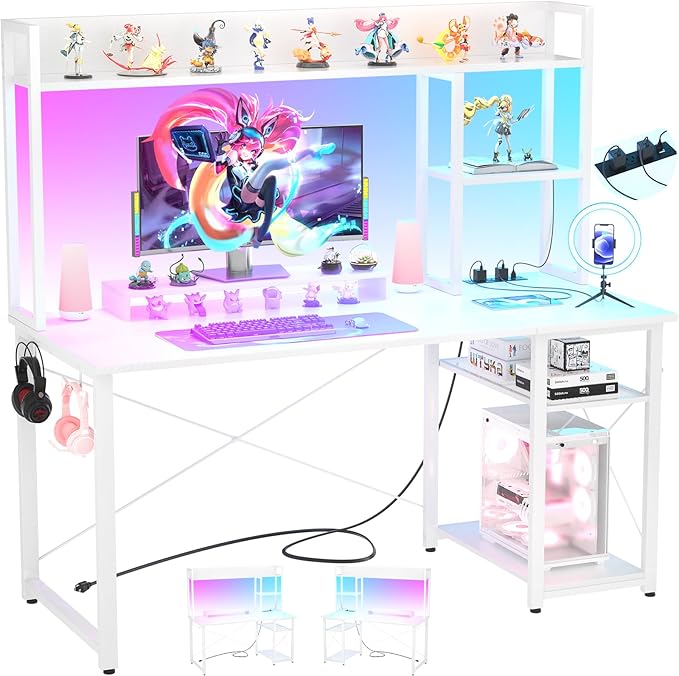 Cyclysio Gaming Desk with Hutch, 47'' Computer Desk with LED Lights & Power Outlets, Home Office Desk with Reversible 5 Tiers Storage Shelves & Monitor Stand, Small Gaming Table for Small Space, White - LeafyLoom