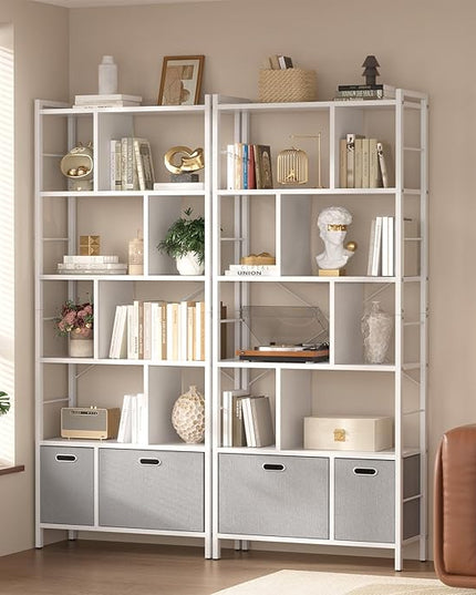 armocity 74 Inch Tall Bookshelf, 6 Tier Bookcase with Drawers, Modern Book Shelf Display Standing Shelf Units with Storage, Wood and Metal Bookshelves for Living Room, Bedroom, Home Office, White - LeafyLoom