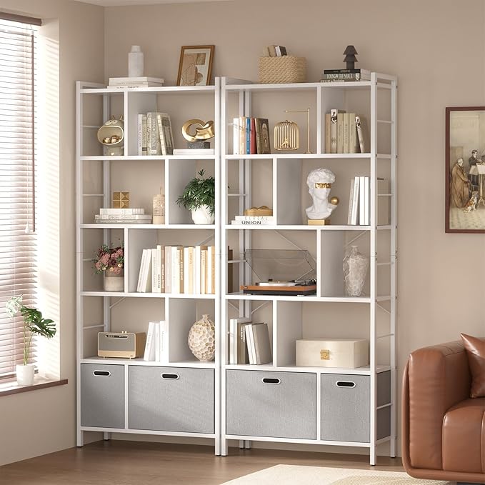 armocity 74 Inch Tall Bookshelf, 6 Tier Bookcase with Drawers, Modern Book Shelf Display Standing Shelf Units with Storage, Wood and Metal Bookshelves for Living Room, Bedroom, Home Office, White - LeafyLoom