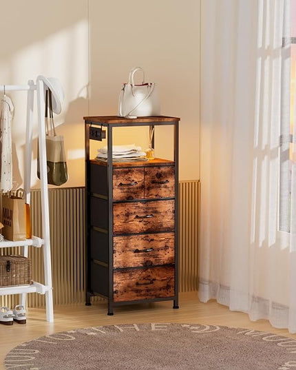 Furnulem Tall LED Dresser with Charging Station, Vertical Storage Tower Unit with Wood Shelf, 5 Drawer Nightstand for Bedroom, Living Room, Hallway, Fabric Bins, Bedside Table Furniture(Rustic Brown) - LeafyLoom