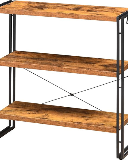 HCHQHS Bookshelf, 3-Tier Industrial Bookcase, Rustic Open Book Shelf, Freestanding Horizontal Bookshelves with Metal Frame - LeafyLoom