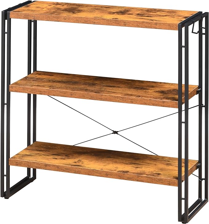 HCHQHS Bookshelf, 3-Tier Industrial Bookcase, Rustic Open Book Shelf, Freestanding Horizontal Bookshelves with Metal Frame - LeafyLoom