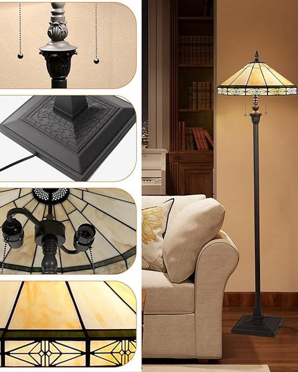 Capulina Tiffany Floor Lamp 2-Light 16x16x63 Inches Vintage Cream Style Stained Glass Standing Reading Lamp for Living Room Bedroom Office Home - LeafyLoom