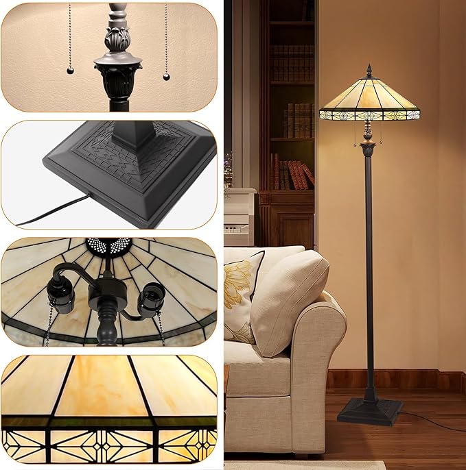 Capulina Tiffany Floor Lamp 2-Light 16x16x63 Inches Vintage Cream Style Stained Glass Standing Reading Lamp for Living Room Bedroom Office Home - LeafyLoom