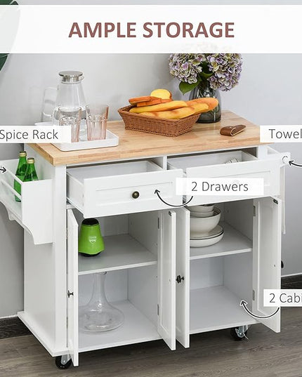 HOMCOM Kitchen Island on Wheels, Rolling Cart with Rubberwood Top, Spice Rack, Towel Rack and Drawers for Dining Room, White - LeafyLoom