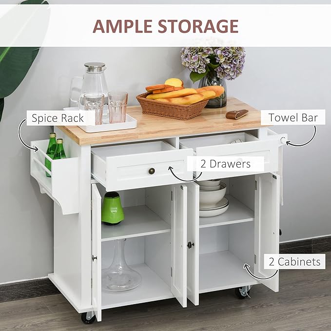 HOMCOM Kitchen Island on Wheels, Rolling Cart with Rubberwood Top, Spice Rack, Towel Rack and Drawers for Dining Room, White - LeafyLoom