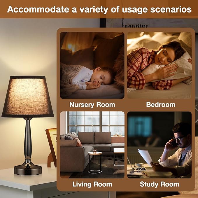 Kakanuo Touch Bedside Lamp for Bedroom with USB C Port, Small Touch Table Lamp with 2 USB Charging Ports, 3 Way Dimmable Nightstand Lamp for Living Room and Office - Black (LED Bulb Included) - LeafyLoom