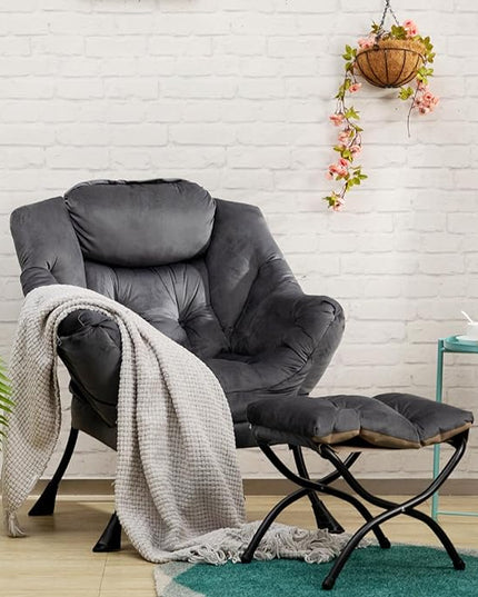 AbocoFur Fabric Lazy Chair with Foldable Ottoman, Accent Comfy Lounge Arm Chair and Folding Footrest Stool Set, Leisure Sofa Reading Chair and Footstool for Living Room, Bedroom, Dorm, Smoky Grey - LeafyLoom