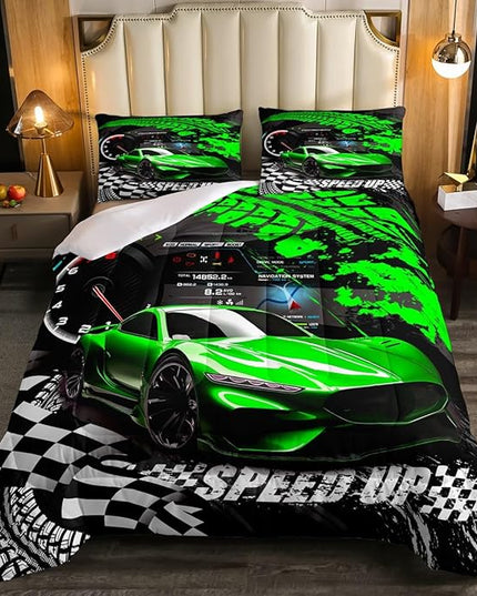 Feelyou Kids Boys Girls Race car Comforter Full Size, Green Race Car Buffalo Plaid Comforter Set for Teens Toddler Sports Car Bedding Set Racing Car Duvet Set Bed Set Room Decor Bedding Collection - LeafyLoom