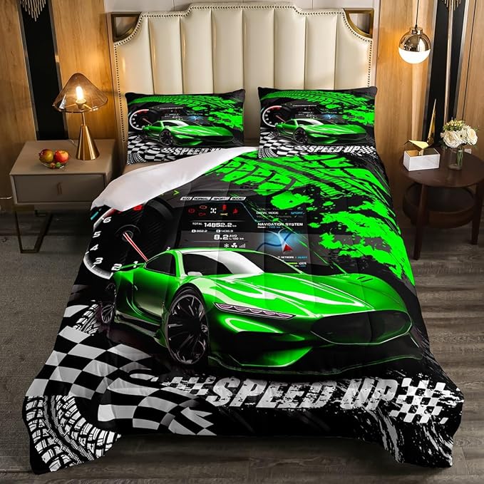 Feelyou Kids Boys Girls Race car Comforter Full Size, Green Race Car Buffalo Plaid Comforter Set for Teens Toddler Sports Car Bedding Set Racing Car Duvet Set Bed Set Room Decor Bedding Collection - LeafyLoom