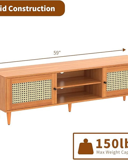 EasyCom TV Stand for 65 inch TV, Farmhouse Rattan Entertainment Center with Storage and Open Shelves, Mid Century Modern Entertainment Center with Natural Rattan Door - LeafyLoom