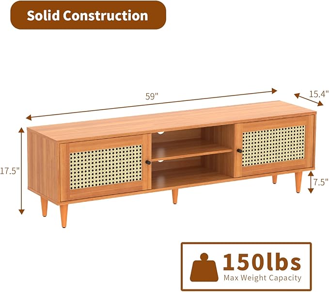 EasyCom TV Stand for 65 inch TV, Farmhouse Rattan Entertainment Center with Storage and Open Shelves, Mid Century Modern Entertainment Center with Natural Rattan Door - LeafyLoom