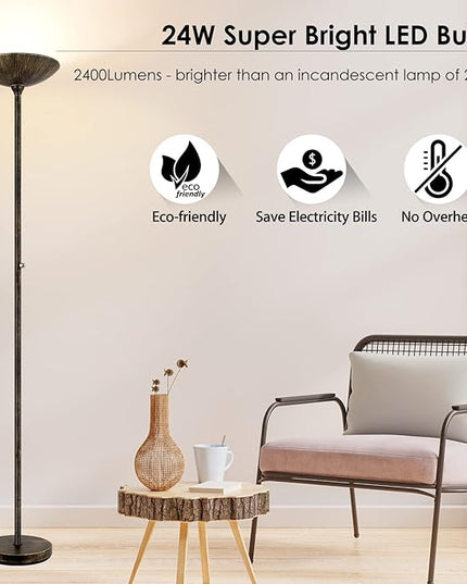 BoostArea Torchiere Floor Lamp Antique Bronze, 24W Super Bright LED Standing Lamp, 3000K Dimmable Pole Lamp with Rotary Switch, 70 Inch Tall Metal Modern Floor Lamps for Living Room/Bedroom/Office/Den - LeafyLoom